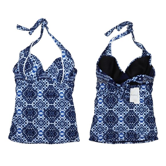 Tommy Bahama D-Cup Cowrie Underwire Halter Swimwear Tankini Top NWT Navy Blue